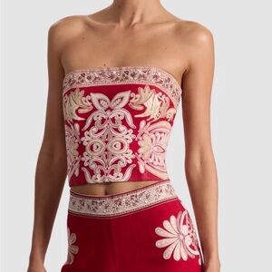 Alice + Olivia Red and Cream Embroidered Strapless Crop Top